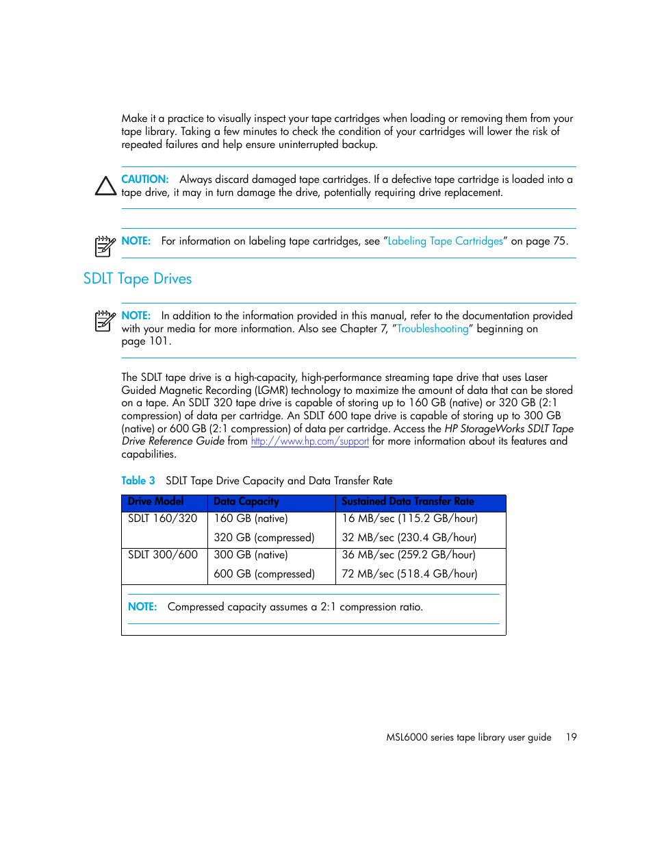 Sdlt tape drives, 3 sdlt tape drive capacity and data transfer rate | HP StorageWorks MSL6000 Tape Library User Manual | Page 19 / 182