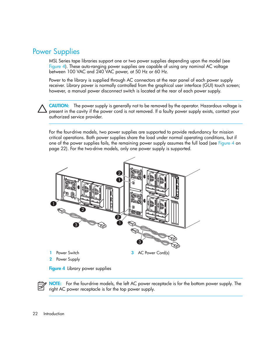 Power supplies, Figure 4 library power supplies, 4 library power supplies | HP StorageWorks MSL6000 Tape Library User Manual | Page 22 / 182