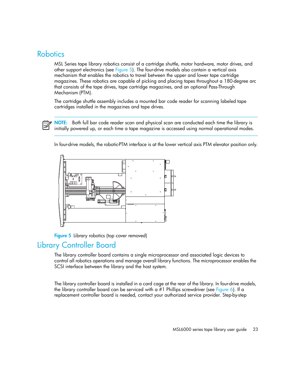 Robotics, Figure 5 library robotics (top cover removed), Library controller board | 5 library robotics (top cover removed) | HP StorageWorks MSL6000 Tape Library User Manual | Page 23 / 182