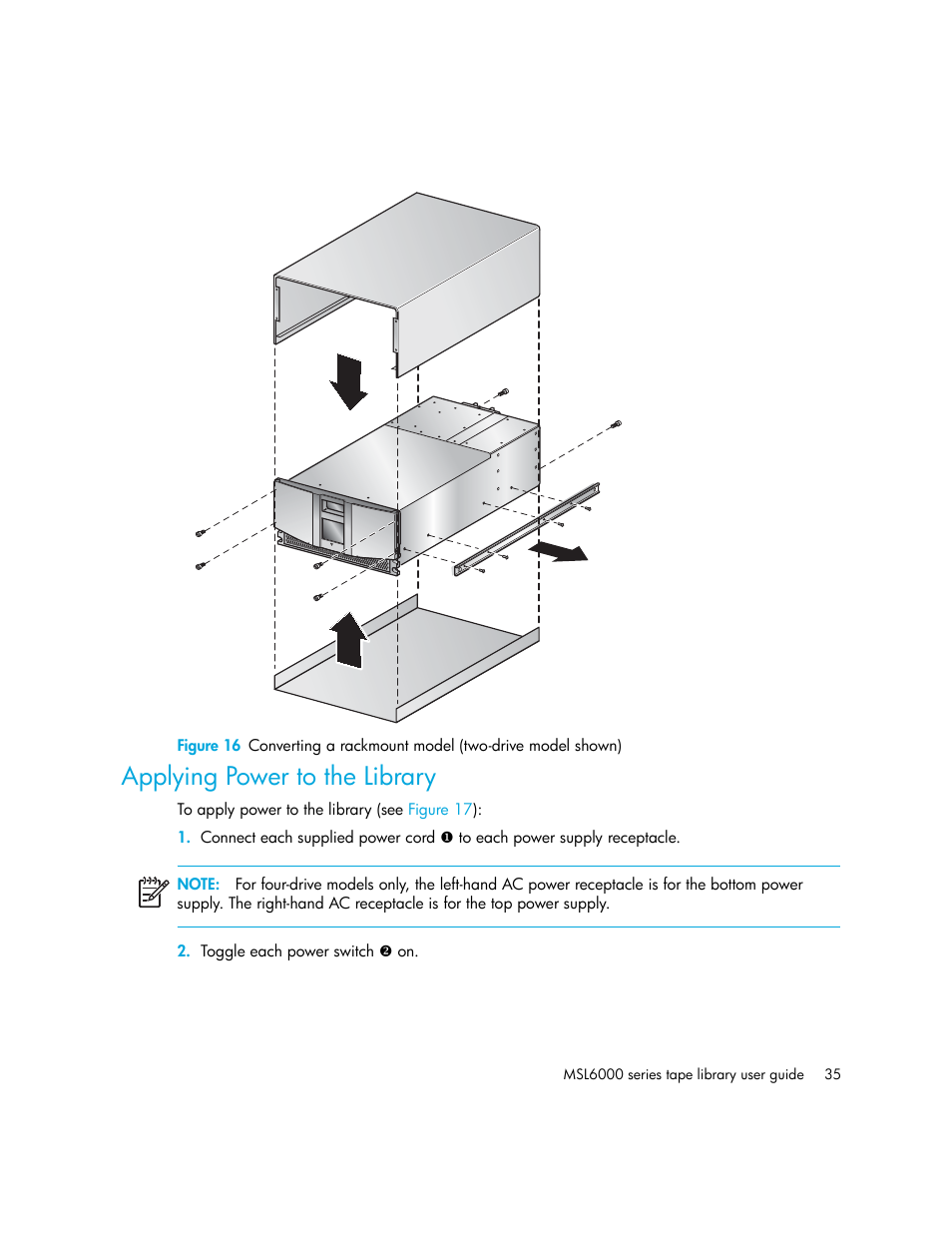 Applying power to the library | HP StorageWorks MSL6000 Tape Library User Manual | Page 35 / 182