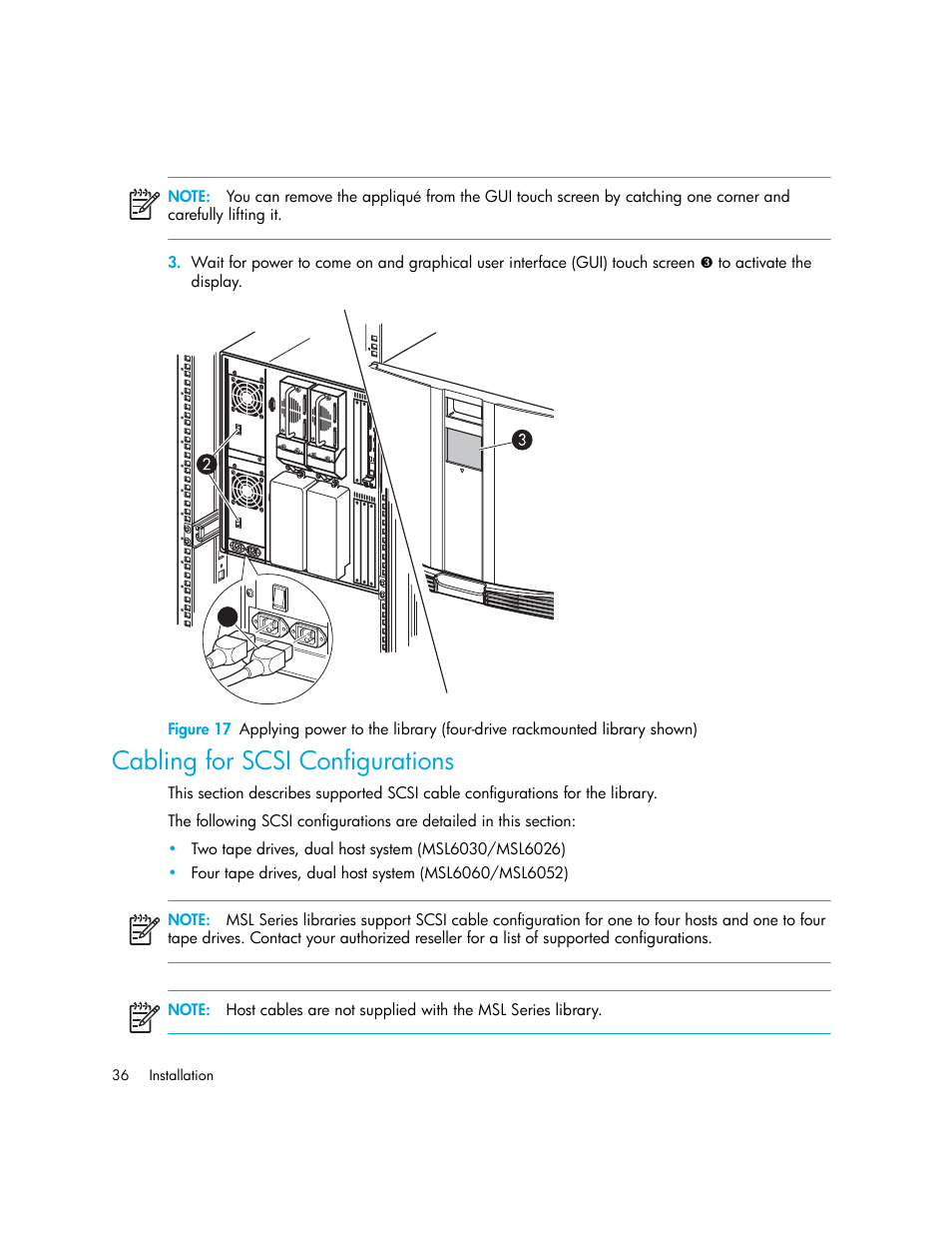 Cabling for scsi configurations | HP StorageWorks MSL6000 Tape Library User Manual | Page 36 / 182