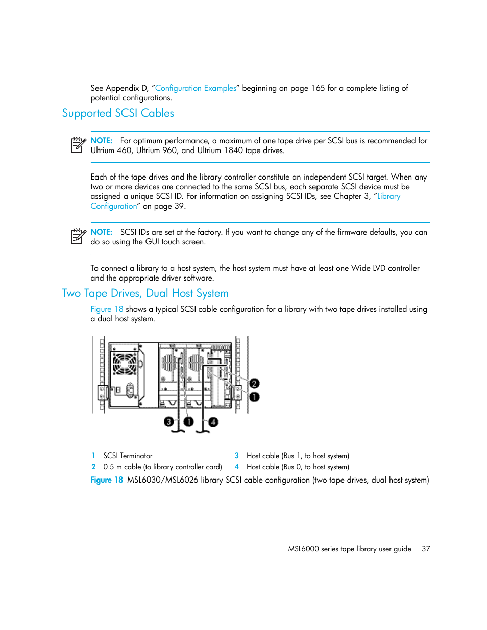 Supported scsi cables, Two tape drives, dual host system | HP StorageWorks MSL6000 Tape Library User Manual | Page 37 / 182