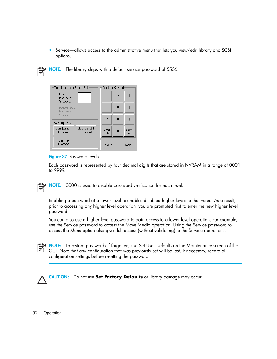 Figure 37 password levels, 37 password levels, Figure 37 | HP StorageWorks MSL6000 Tape Library User Manual | Page 52 / 182