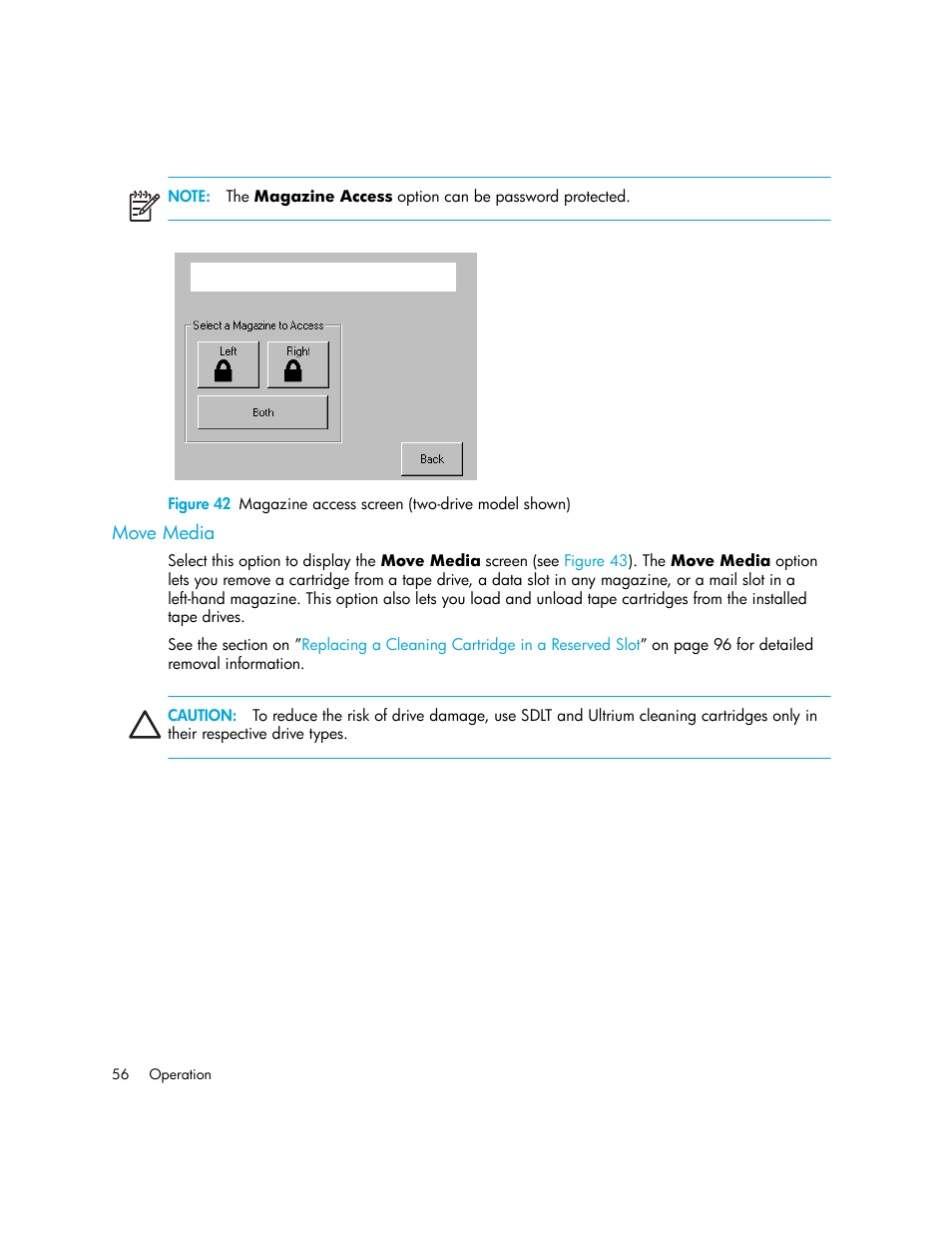 Move media, 42 magazine access screen (two-drive model shown), Figure 42 | HP StorageWorks MSL6000 Tape Library User Manual | Page 56 / 182
