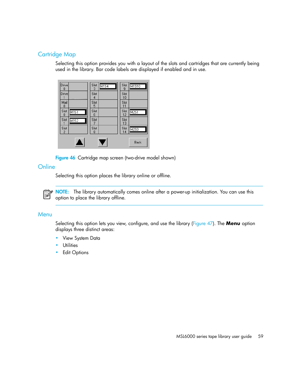 Cartridge map, Online, Menu | 46 cartridge map screen (two-drive model shown) | HP StorageWorks MSL6000 Tape Library User Manual | Page 59 / 182