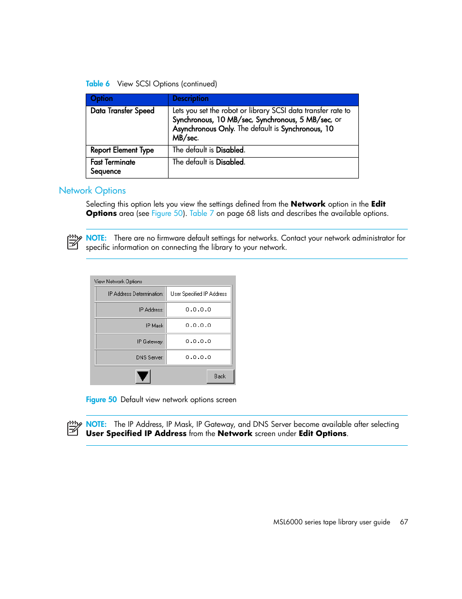 Network options, Figure 50 default view network options screen, 50 default view network options screen | HP StorageWorks MSL6000 Tape Library User Manual | Page 67 / 182