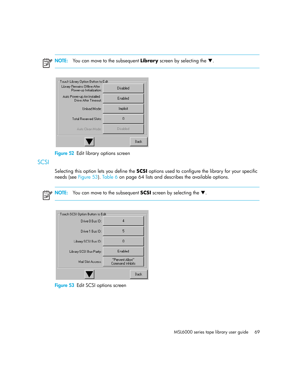 Figure 52 edit library options screen, Scsi, Figure 53 edit scsi options screen | 52 edit library options screen, 53 edit scsi options screen, Figure 52 | HP StorageWorks MSL6000 Tape Library User Manual | Page 69 / 182