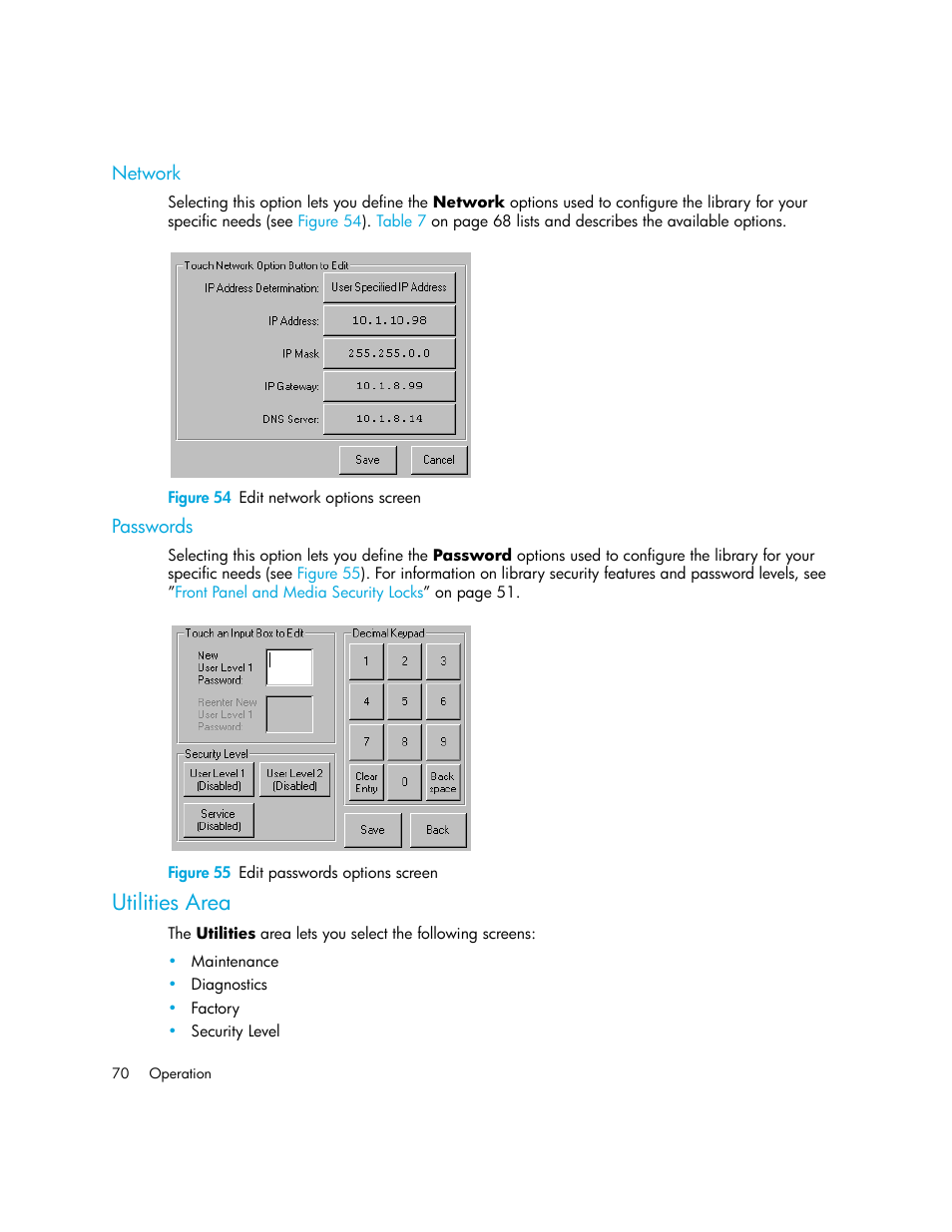 Network, Figure 54 edit network options screen, Passwords | Figure 55 edit passwords options screen, Utilities area, 54 edit network options screen, 55 edit passwords options screen | HP StorageWorks MSL6000 Tape Library User Manual | Page 70 / 182