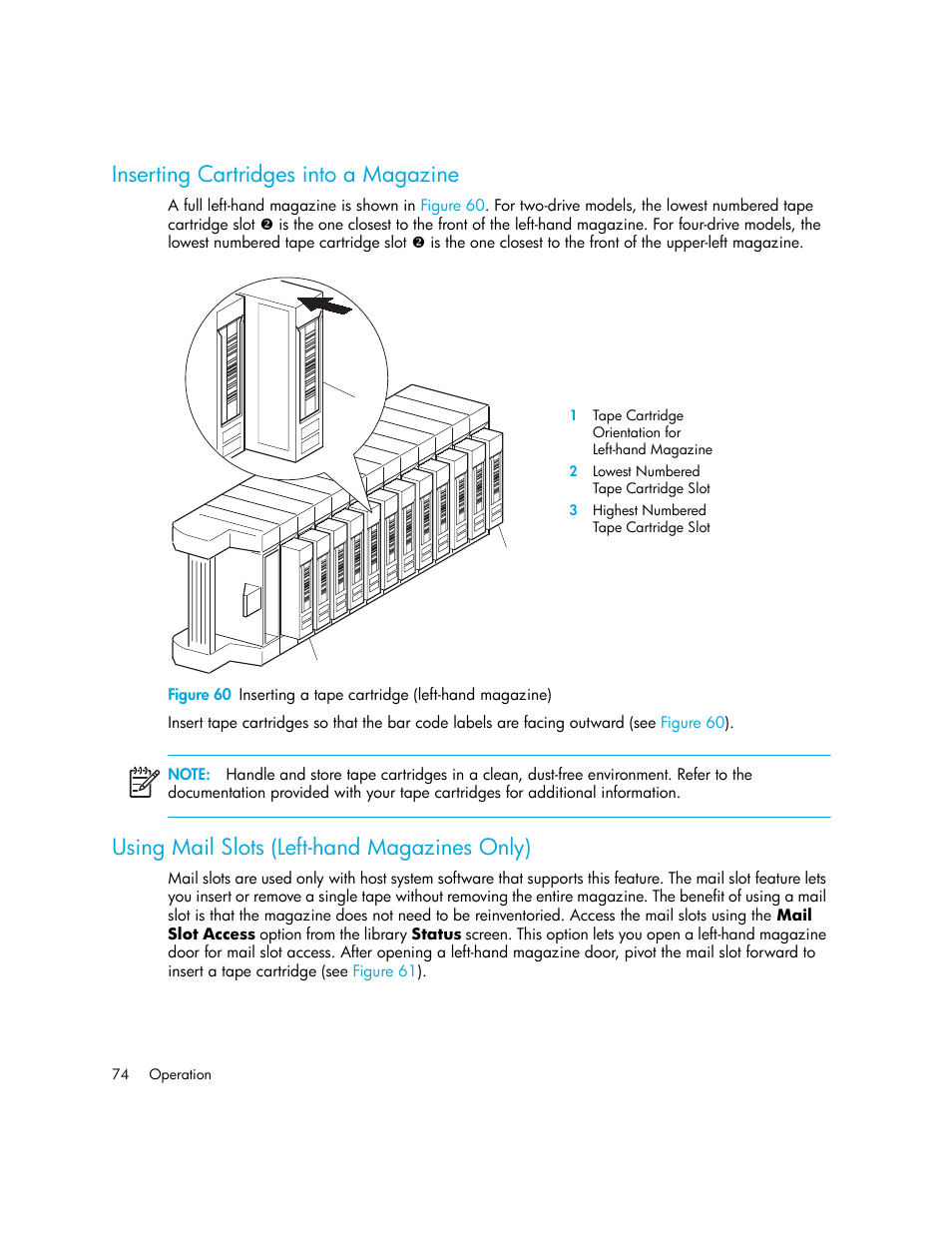 Inserting cartridges into a magazine, Using mail slots (left-hand magazines only), 60 inserting a tape cartridge (left-hand magazine) | HP StorageWorks MSL6000 Tape Library User Manual | Page 74 / 182