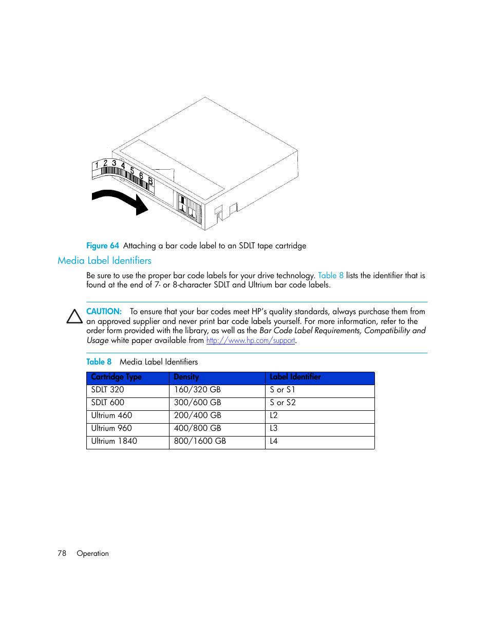 Media label identifiers, Table 8 media label identifiers, 8 media label identifiers | Figure 64 | HP StorageWorks MSL6000 Tape Library User Manual | Page 78 / 182