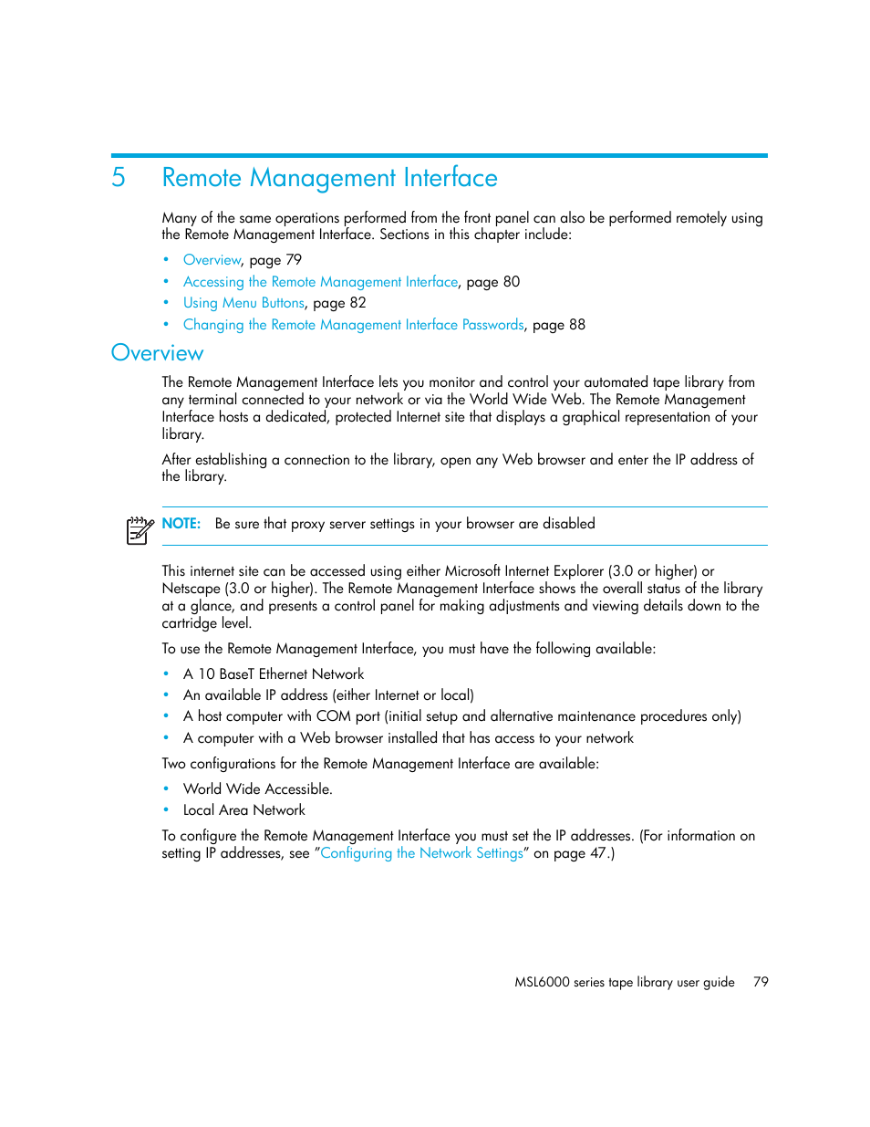 Remote management interface, Overview, 5 remote management interface | 5remote management interface | HP StorageWorks MSL6000 Tape Library User Manual | Page 79 / 182