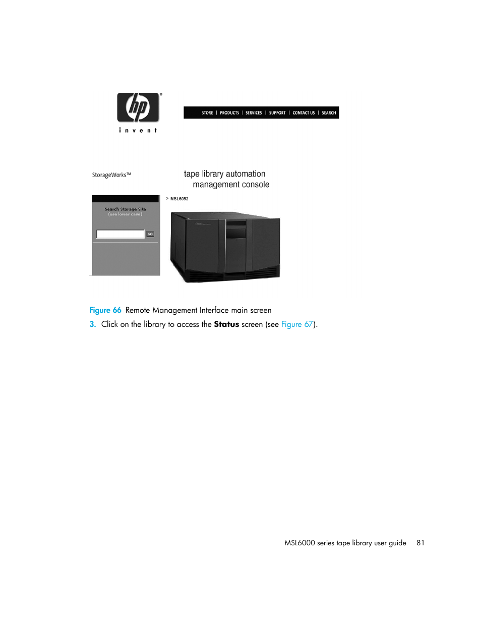 Figure 66 remote management interface main screen, 66 remote management interface main screen | HP StorageWorks MSL6000 Tape Library User Manual | Page 81 / 182