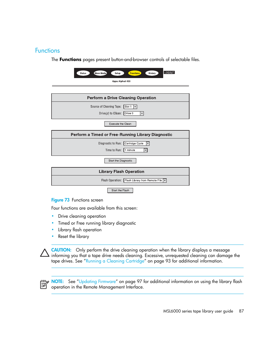 Functions, Figure 73 functions screen, 73 functions screen | HP StorageWorks MSL6000 Tape Library User Manual | Page 87 / 182