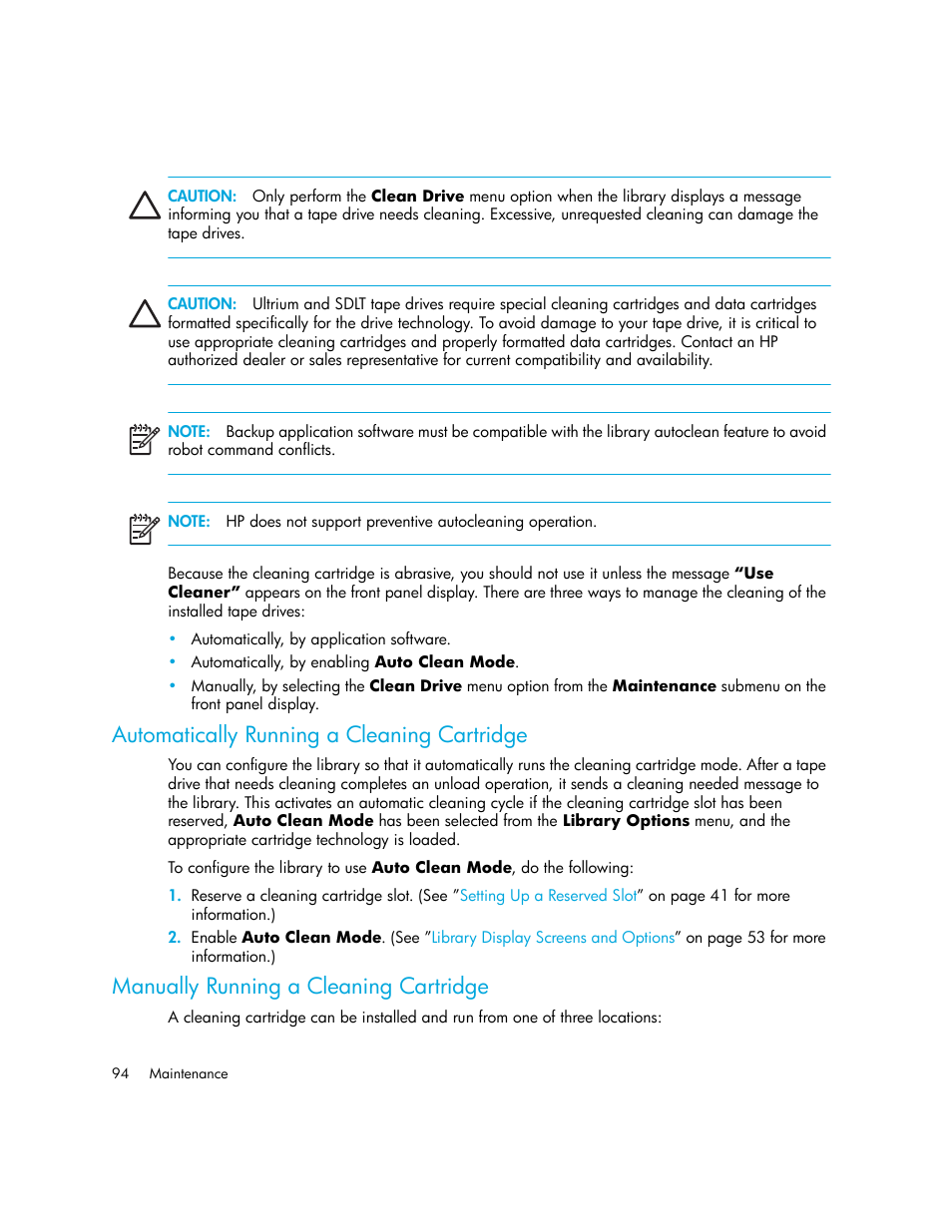 Automatically running a cleaning cartridge, Manually running a cleaning cartridge | HP StorageWorks MSL6000 Tape Library User Manual | Page 94 / 182