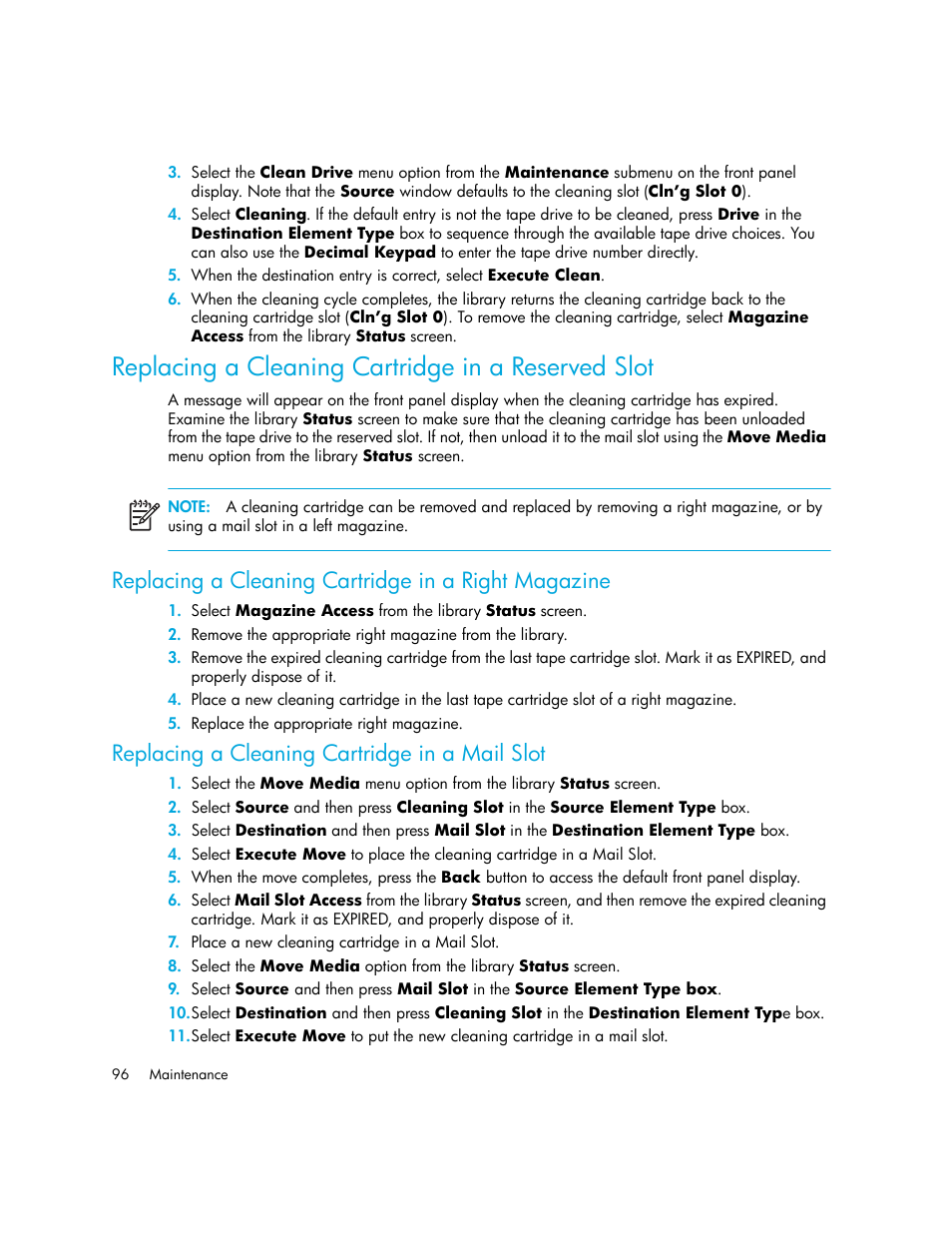 Replacing a cleaning cartridge in a reserved slot, Replacing a cleaning cartridge in a right magazine, Replacing a cleaning cartridge in a mail slot | HP StorageWorks MSL6000 Tape Library User Manual | Page 96 / 182