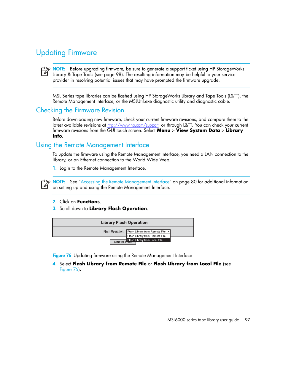 Updating firmware, Checking the firmware revision, Using the remote management interface | HP StorageWorks MSL6000 Tape Library User Manual | Page 97 / 182
