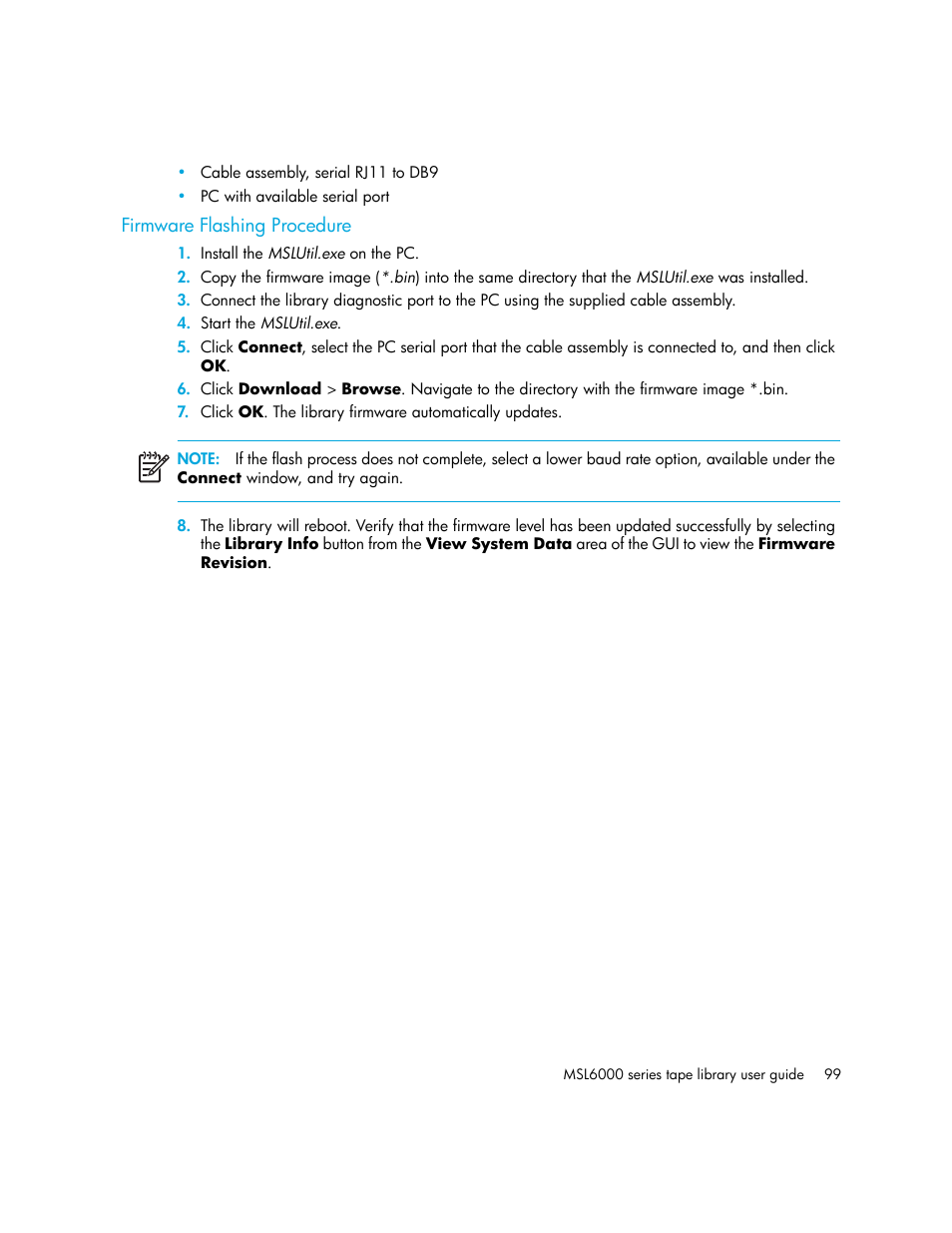 Firmware flashing procedure | HP StorageWorks MSL6000 Tape Library User Manual | Page 99 / 182