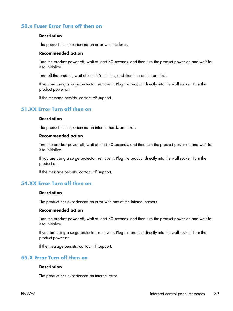 X fuser error turn off then on, Xx error turn off then on, X error turn off then on | HP LaserJet Pro 400 Printer M401 series User Manual | Page 101 / 148