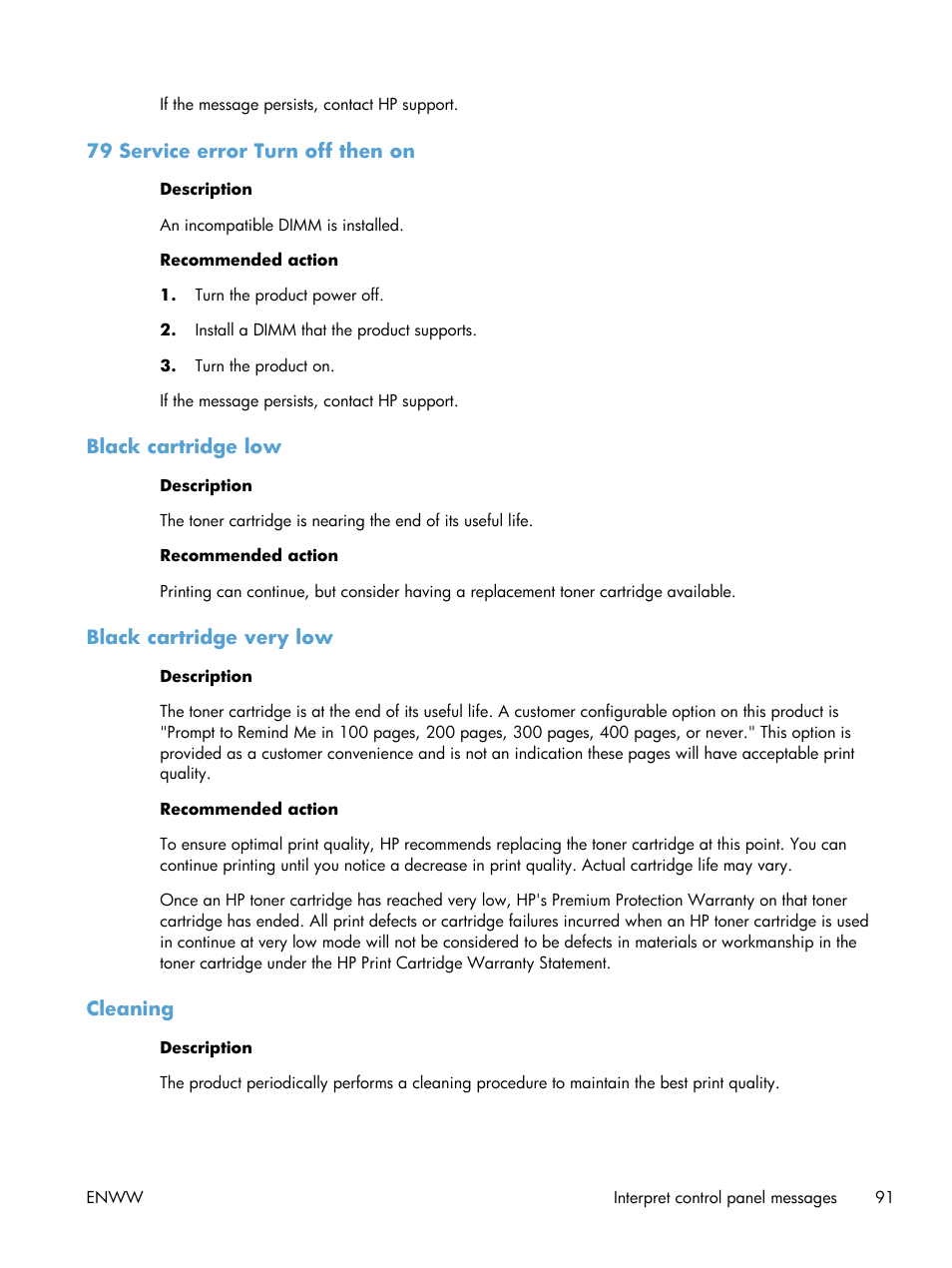 79 service error turn off then on, Black cartridge low, Black cartridge very low | Cleaning | HP LaserJet Pro 400 Printer M401 series User Manual | Page 103 / 148