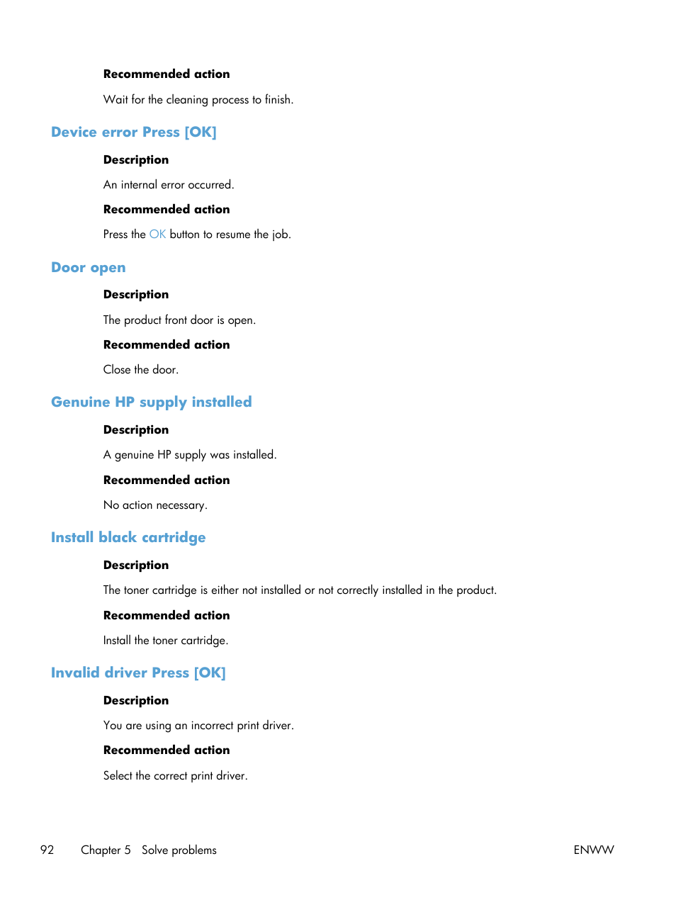 Device error press [ok, Door open, Genuine hp supply installed | Install black cartridge, Invalid driver press [ok, Install black cartridge invalid driver press [ok | HP LaserJet Pro 400 Printer M401 series User Manual | Page 104 / 148