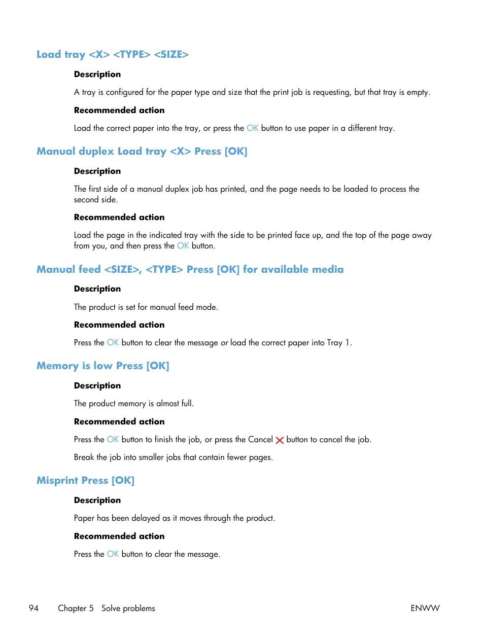 Load tray <x> <type> <size, Manual duplex load tray <x> press [ok, Memory is low press [ok | Misprint press [ok | HP LaserJet Pro 400 Printer M401 series User Manual | Page 106 / 148