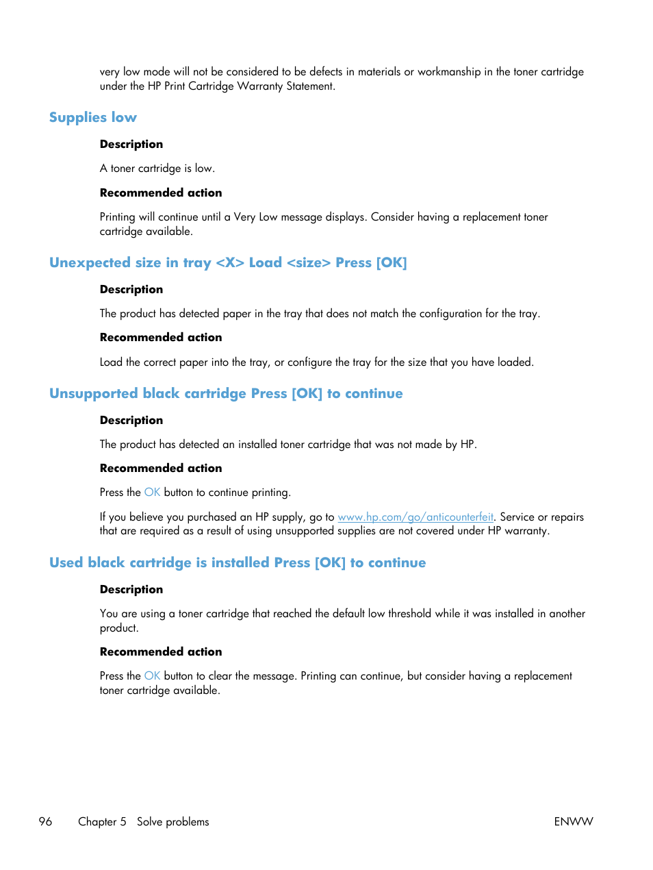Supplies low, Unexpected size in tray <x> load <size> press [ok, Unsupported black cartridge press [ok] to continue | HP LaserJet Pro 400 Printer M401 series User Manual | Page 108 / 148