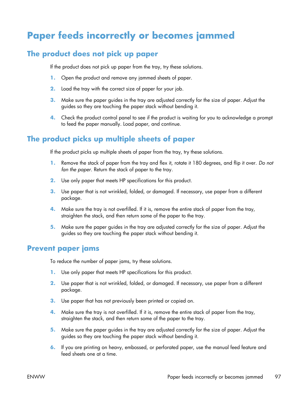 Paper feeds incorrectly or becomes jammed, The product does not pick up paper, The product picks up multiple sheets of paper | Prevent paper jams | HP LaserJet Pro 400 Printer M401 series User Manual | Page 109 / 148