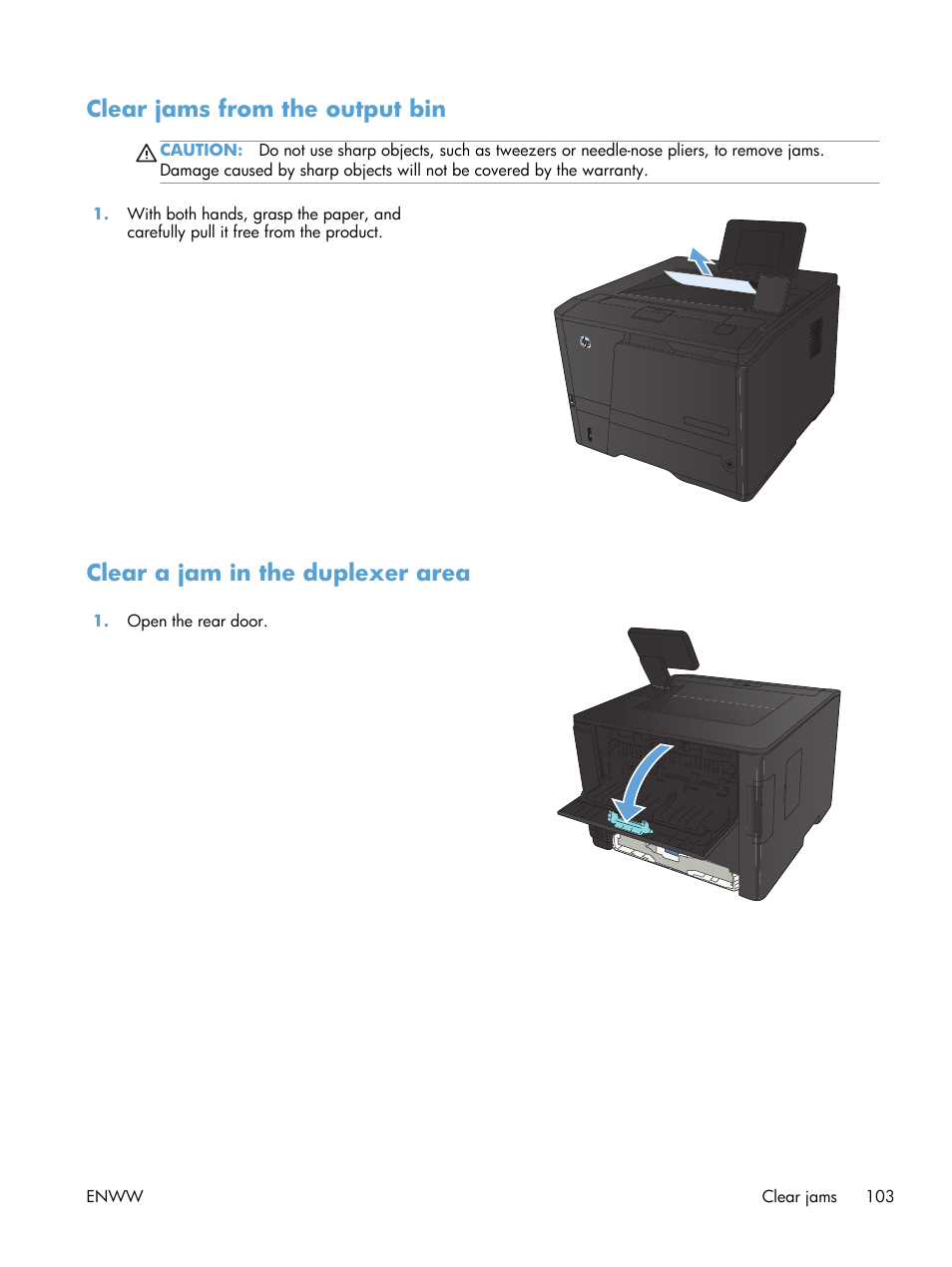 Clear jams from the output bin, Clear a jam in the duplexer area | HP LaserJet Pro 400 Printer M401 series User Manual | Page 115 / 148