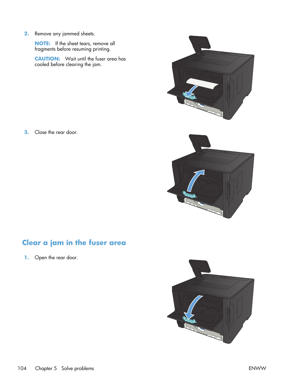 Clear a jam in the fuser area | HP LaserJet Pro 400 Printer M401 series User Manual | Page 116 / 148