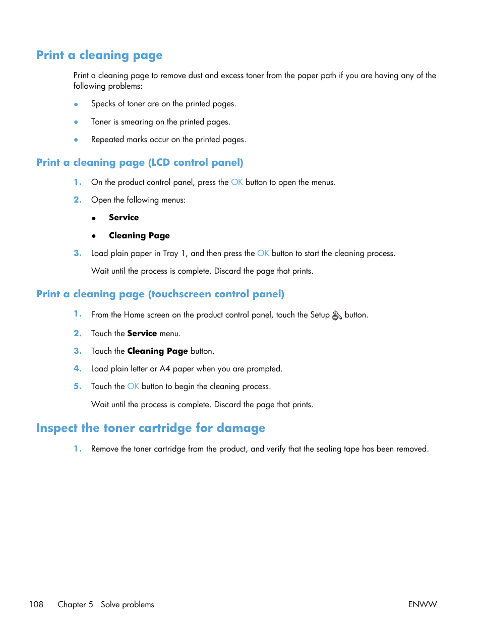 Inspect the toner cartridge for damage, Print a cleaning page | HP LaserJet Pro 400 Printer M401 series User Manual | Page 120 / 148