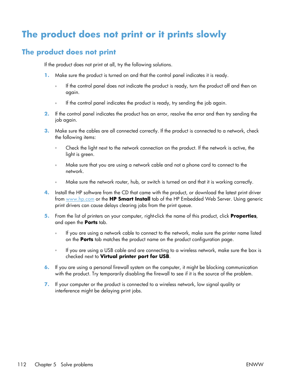 The product does not print or it prints slowly, The product does not print | HP LaserJet Pro 400 Printer M401 series User Manual | Page 124 / 148