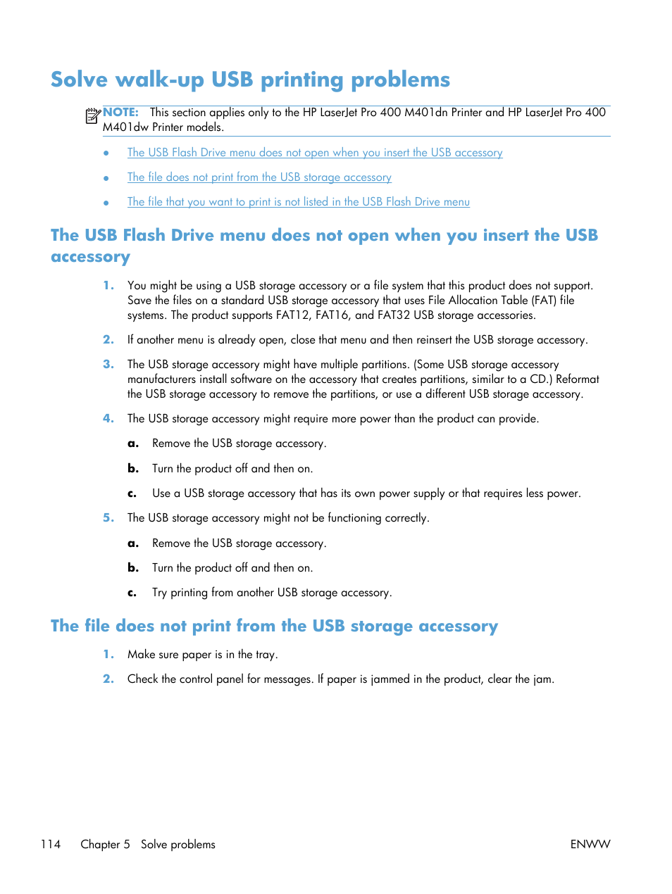 Solve walk-up usb printing problems | HP LaserJet Pro 400 Printer M401 series User Manual | Page 126 / 148