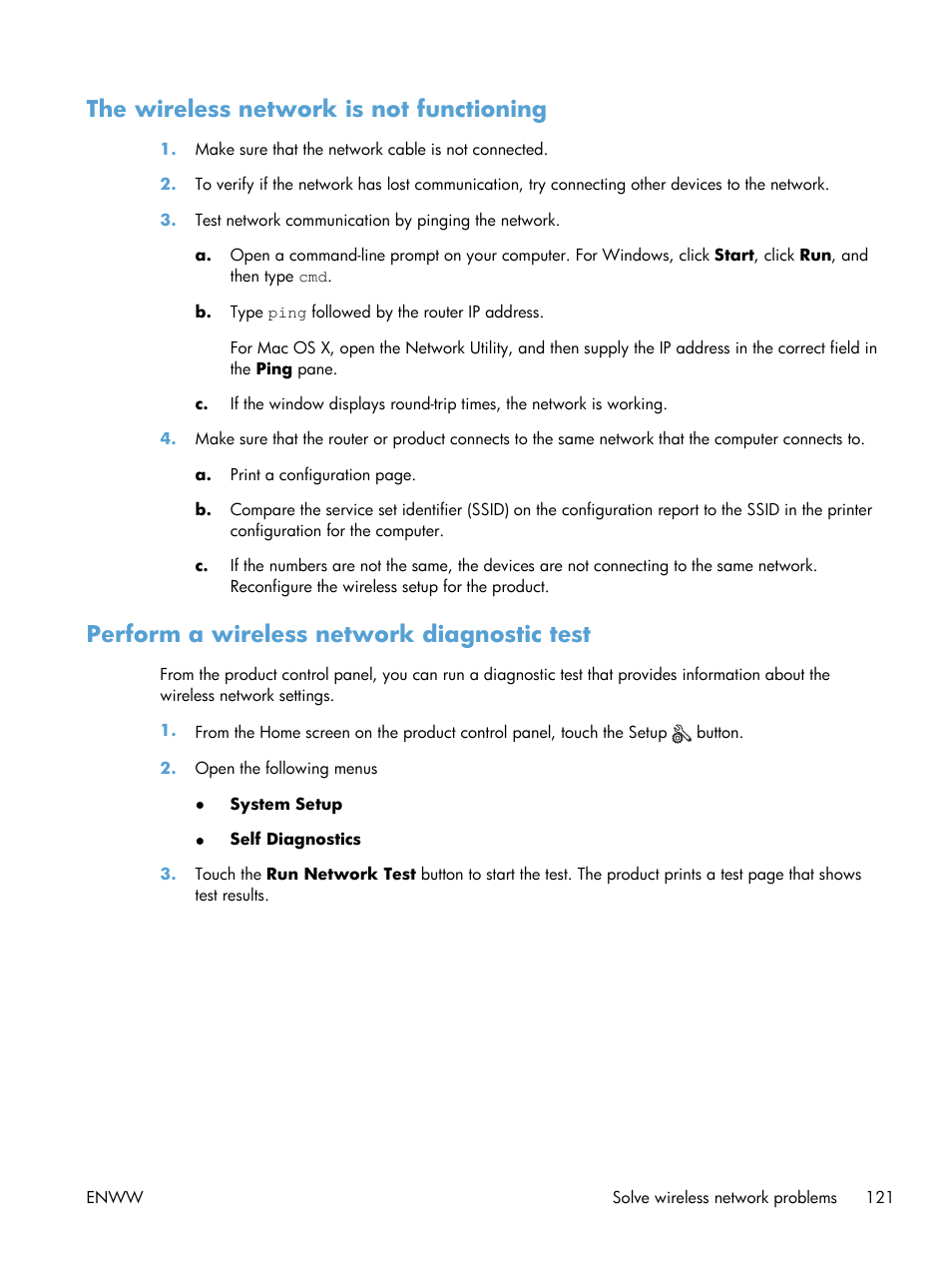 The wireless network is not functioning, Perform a wireless network diagnostic test | HP LaserJet Pro 400 Printer M401 series User Manual | Page 133 / 148