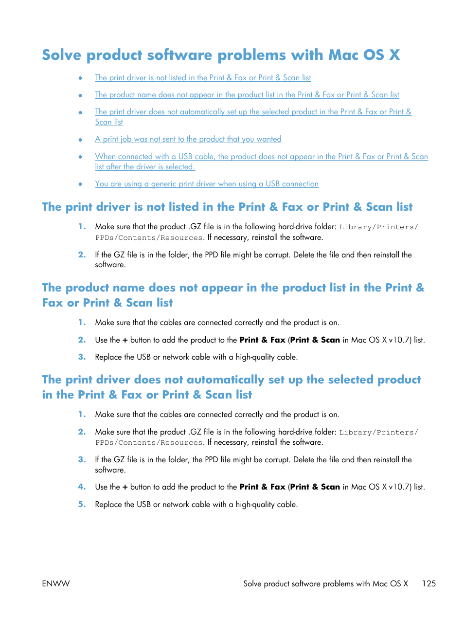 Solve product software problems with mac os x | HP LaserJet Pro 400 Printer M401 series User Manual | Page 137 / 148