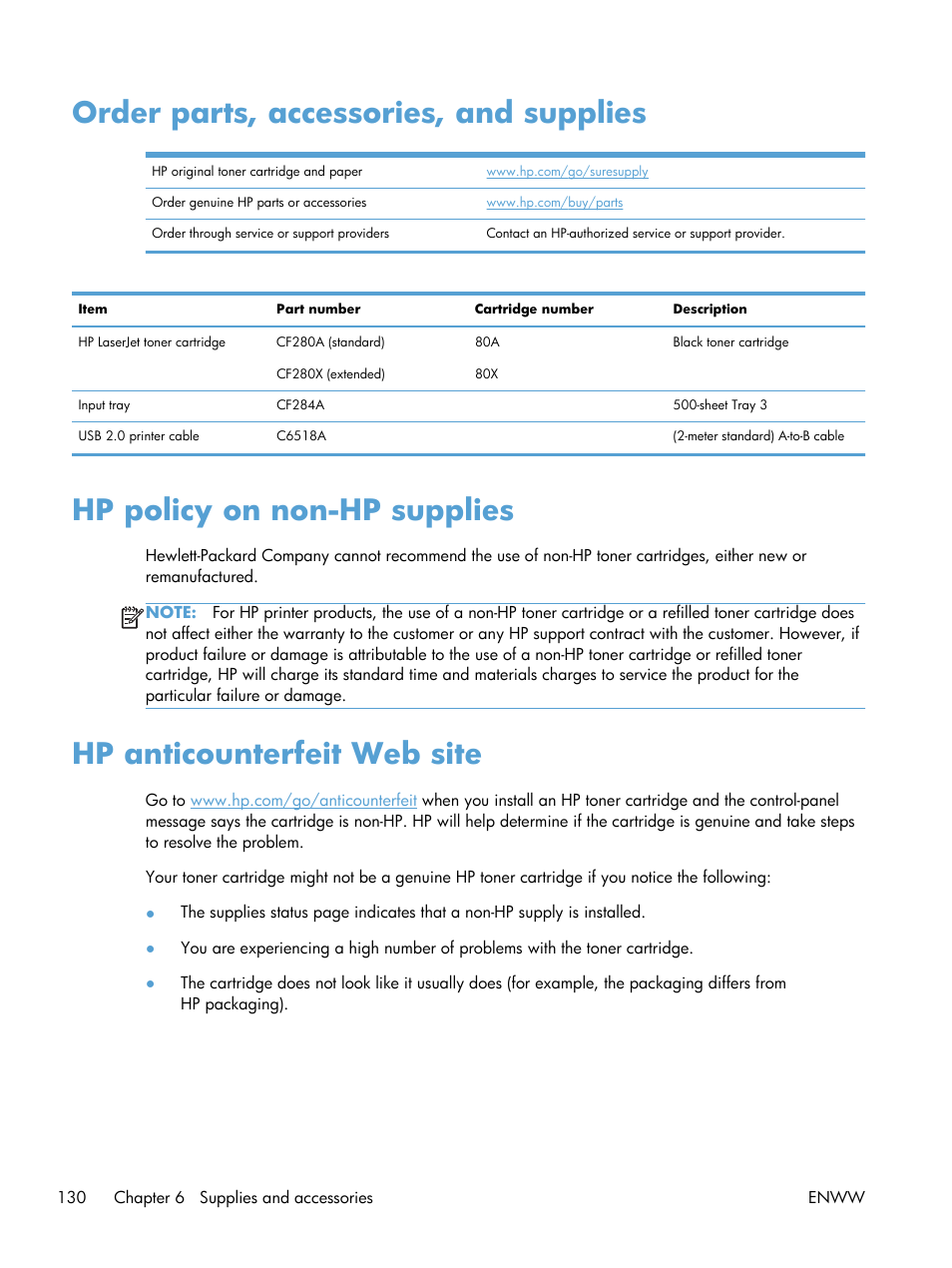 Order parts, accessories, and supplies, Hp policy on non-hp supplies, Hp anticounterfeit web site | HP LaserJet Pro 400 Printer M401 series User Manual | Page 142 / 148