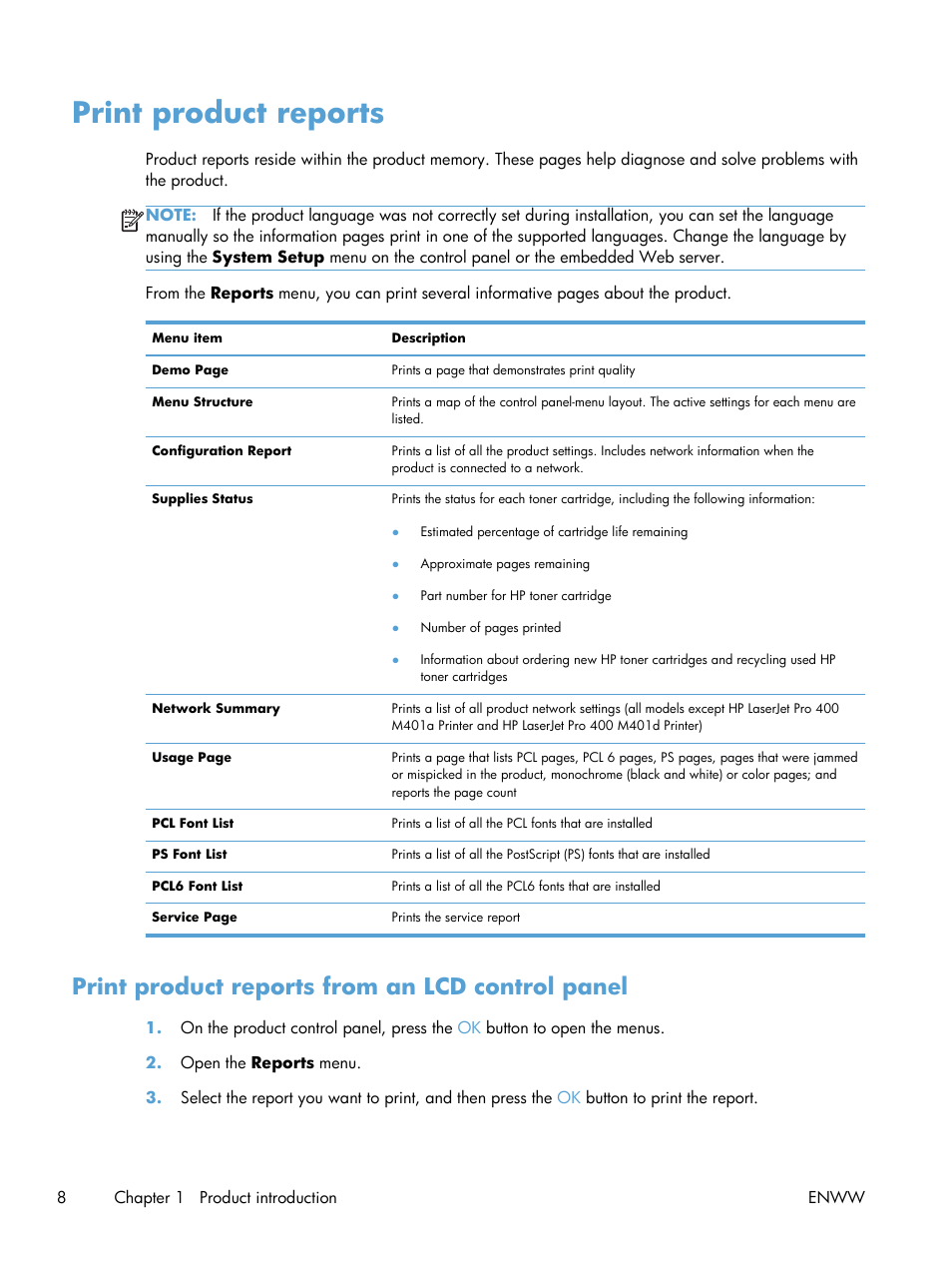 Print product reports, Print product reports from an lcd control panel | HP LaserJet Pro 400 Printer M401 series User Manual | Page 20 / 148