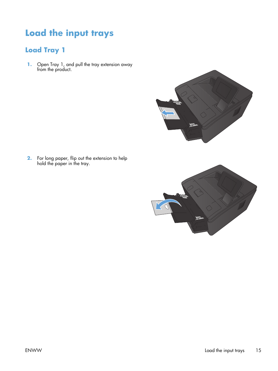 Load the input trays, Load tray 1 | HP LaserJet Pro 400 Printer M401 series User Manual | Page 27 / 148