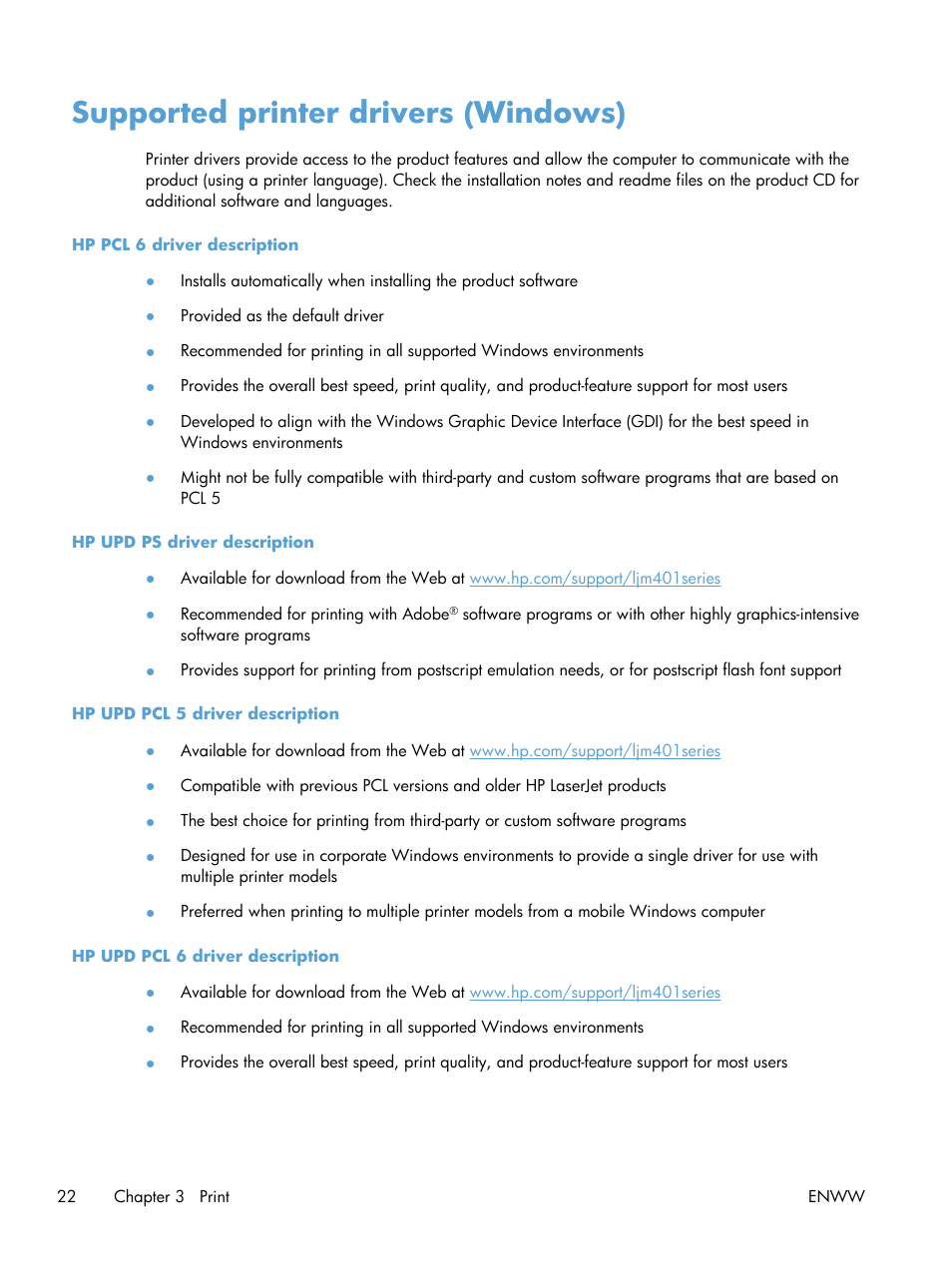 Supported printer drivers (windows) | HP LaserJet Pro 400 Printer M401 series User Manual | Page 34 / 148