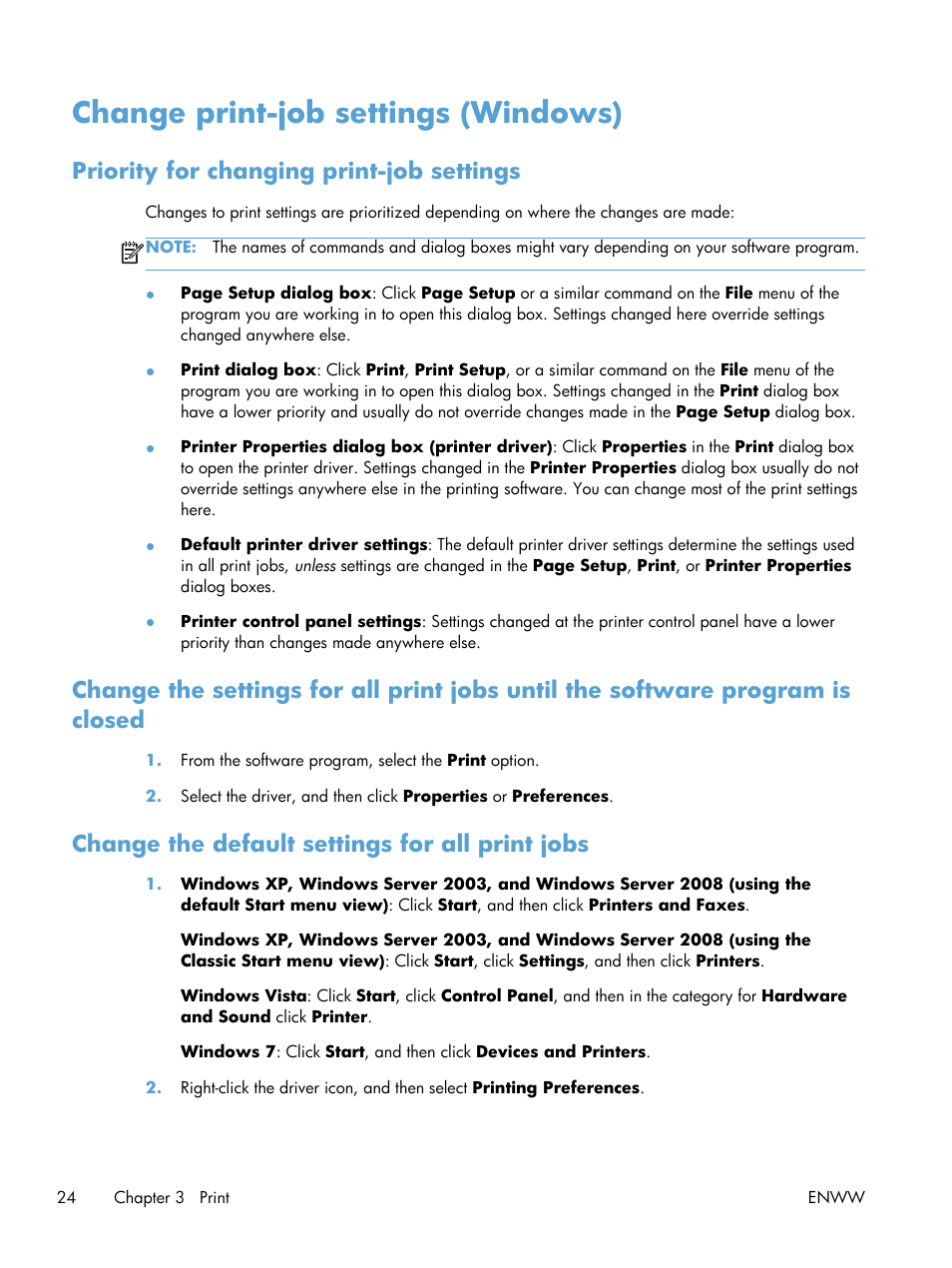 Change print-job settings (windows), Priority for changing print-job settings, Change the default settings for all print jobs | HP LaserJet Pro 400 Printer M401 series User Manual | Page 36 / 148