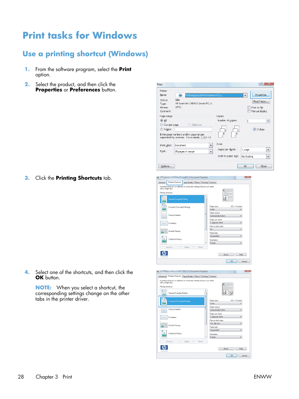 Print tasks for windows, Use a printing shortcut (windows) | HP LaserJet Pro 400 Printer M401 series User Manual | Page 40 / 148