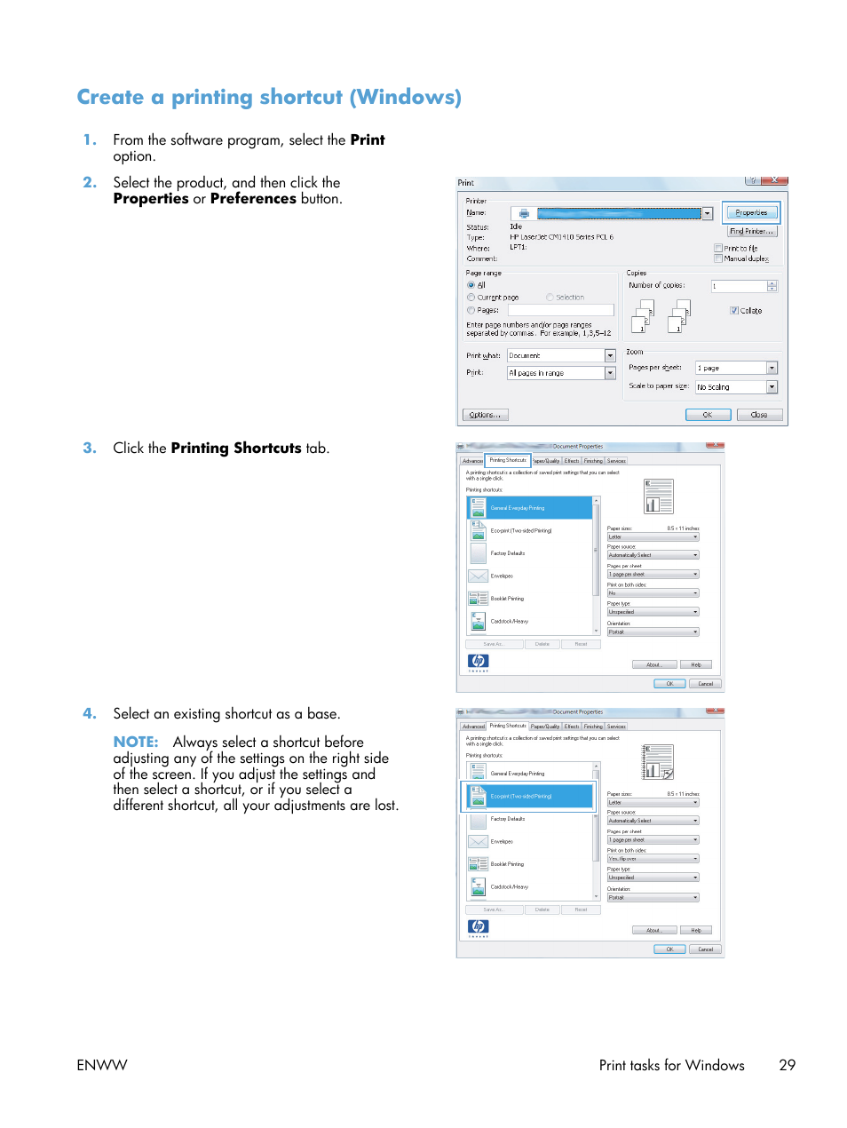 Create a printing shortcut (windows) | HP LaserJet Pro 400 Printer M401 series User Manual | Page 41 / 148