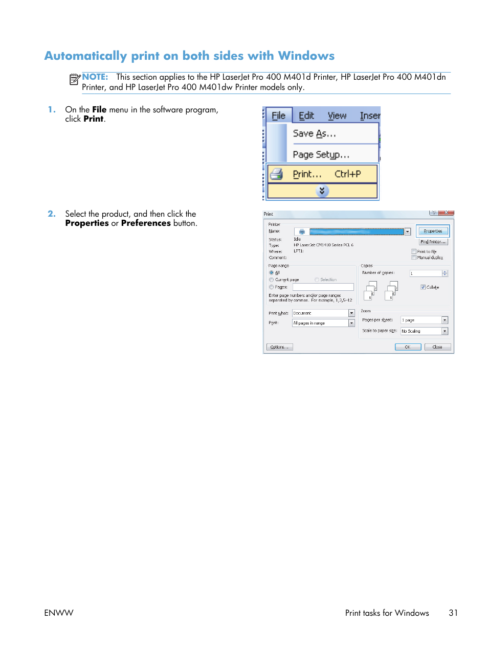 Automatically print on both sides with windows | HP LaserJet Pro 400 Printer M401 series User Manual | Page 43 / 148