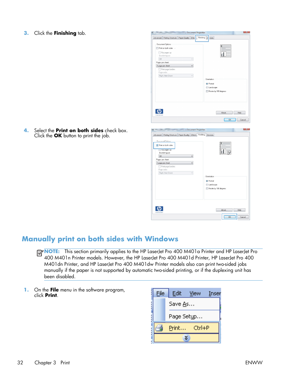 Manually print on both sides with windows | HP LaserJet Pro 400 Printer M401 series User Manual | Page 44 / 148