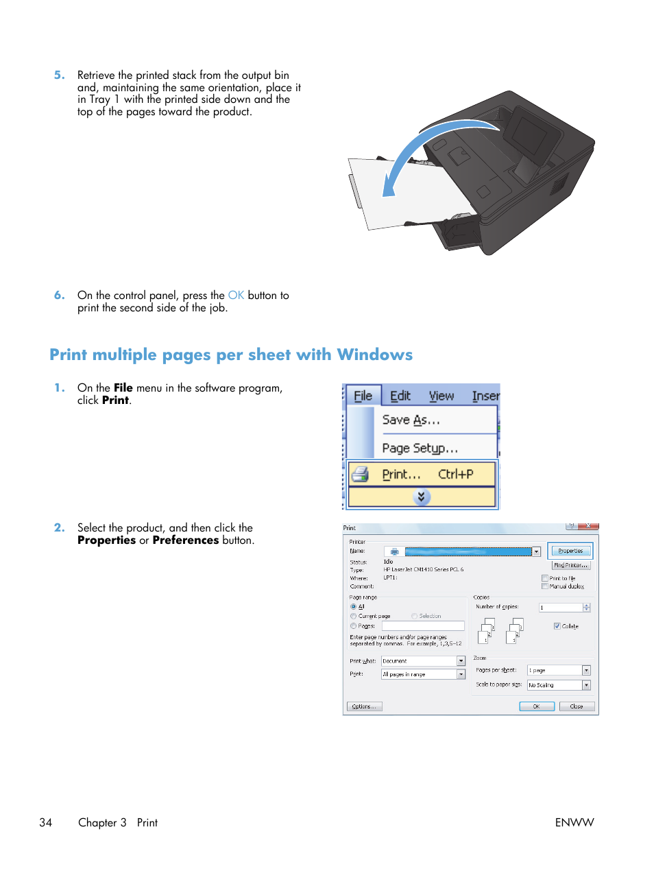 Print multiple pages per sheet with windows | HP LaserJet Pro 400 Printer M401 series User Manual | Page 46 / 148