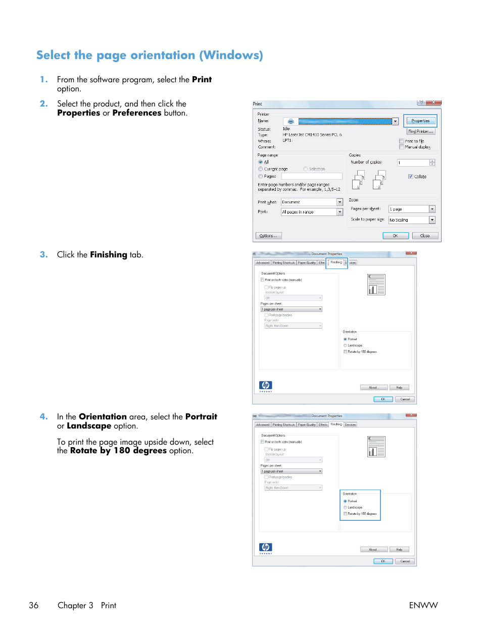 Select the page orientation (windows) | HP LaserJet Pro 400 Printer M401 series User Manual | Page 48 / 148