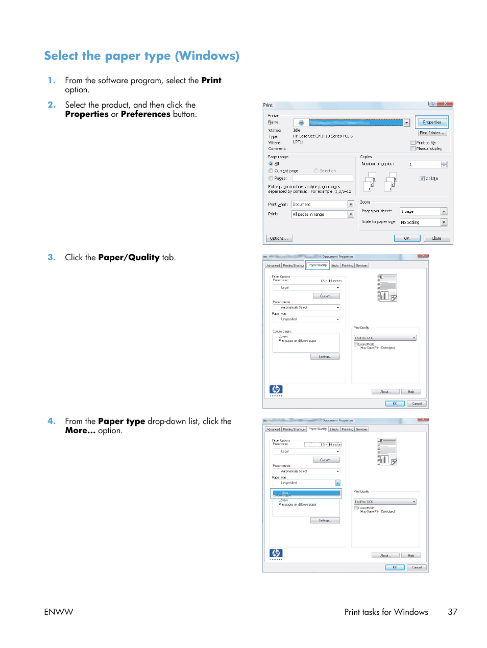 Select the paper type (windows) | HP LaserJet Pro 400 Printer M401 series User Manual | Page 49 / 148