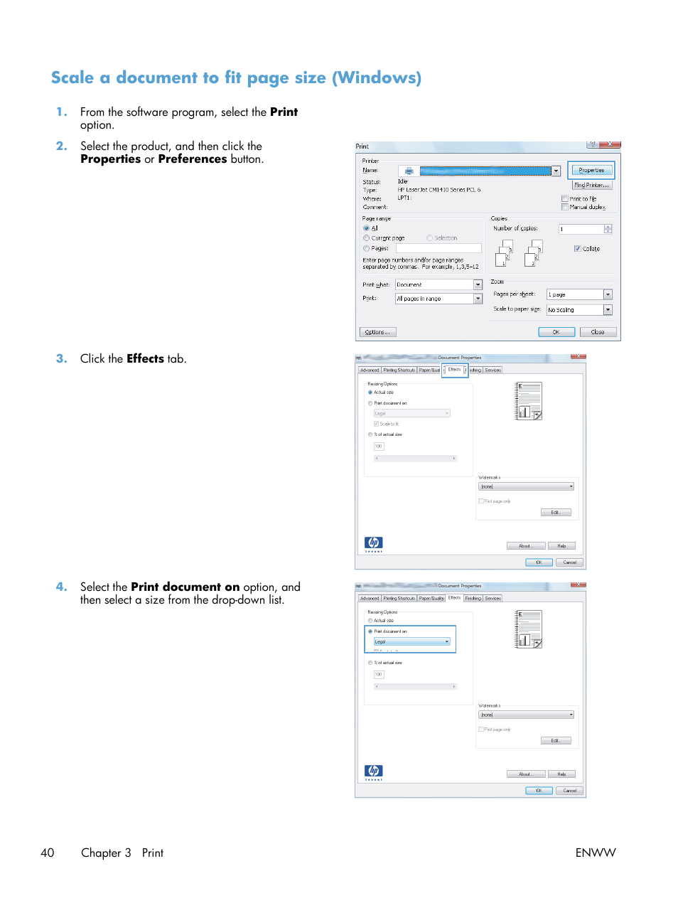 Scale a document to fit page size (windows) | HP LaserJet Pro 400 Printer M401 series User Manual | Page 52 / 148