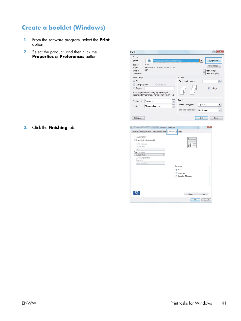 Create a booklet (windows) | HP LaserJet Pro 400 Printer M401 series User Manual | Page 53 / 148