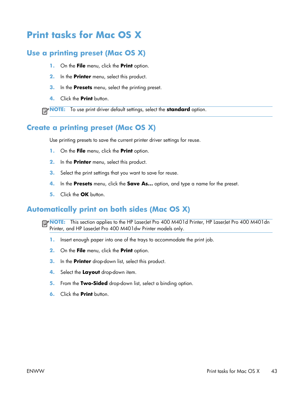 Print tasks for mac os x, Use a printing preset (mac os x), Create a printing preset (mac os x) | Automatically print on both sides (mac os x) | HP LaserJet Pro 400 Printer M401 series User Manual | Page 55 / 148