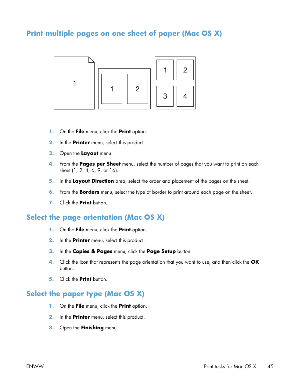 Select the paper type (mac os x), Select the page orientation (mac os x) | HP LaserJet Pro 400 Printer M401 series User Manual | Page 57 / 148